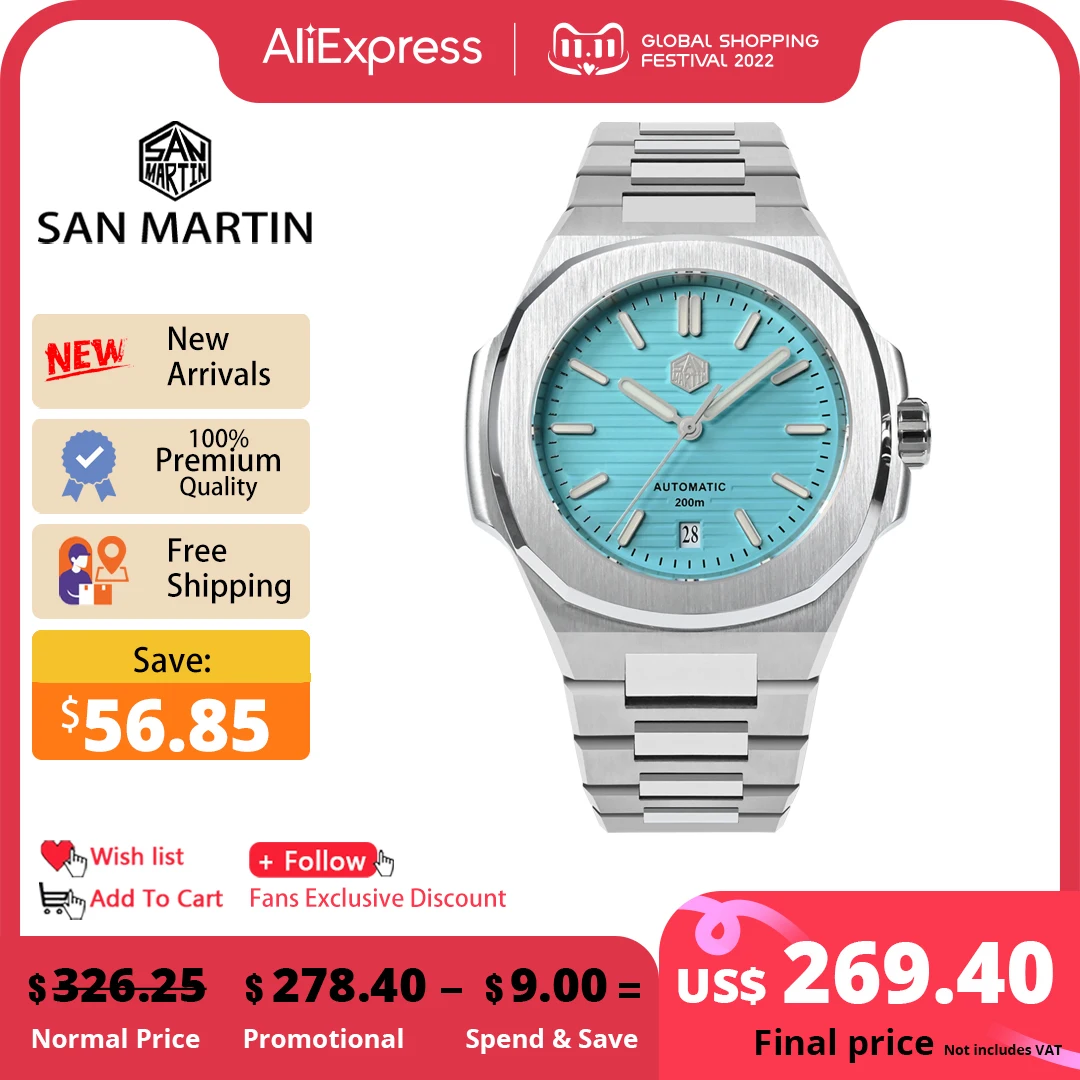 Цена San Martin 43 мм Роскошные Бизнес Мужские часы для ныряния 316L нержавеющая сталь классические PT5000 автоматические механические сапфировые 20 ATM BGW-9