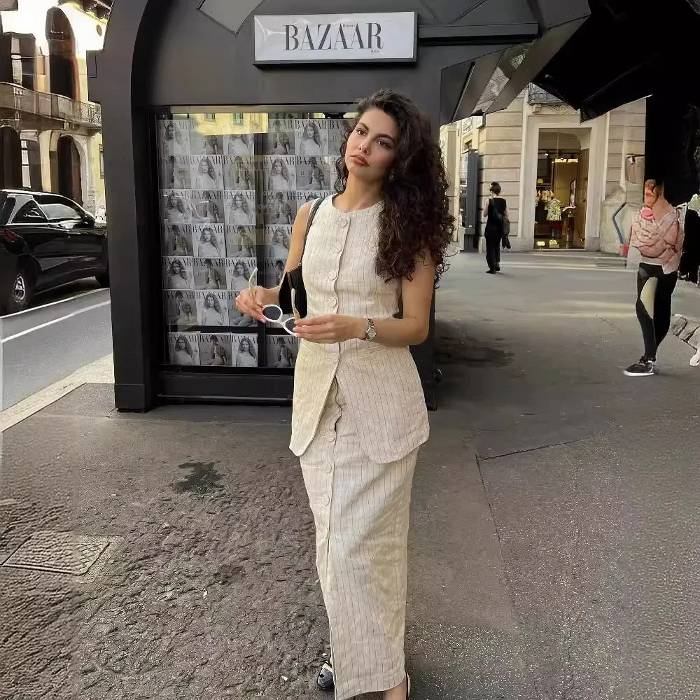 2024 новый стильный женский утягивающий полосатый длинный костюм жилет с круглым