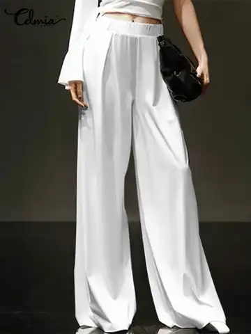 Модные элегантные женские брюки Celmia, атласные женские шелковистые Подиумные брюки с эластичным поясом, универсальные глянцевые широкие бр...