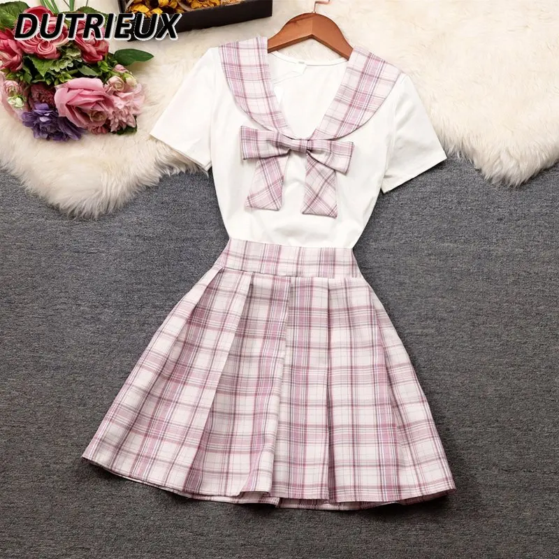 

Summer Women's Clothing Younger College Style Shirt Jk Uniform Short Sleeve Bow Top + A-line Tartan Short Skirt Two-Piece Suit