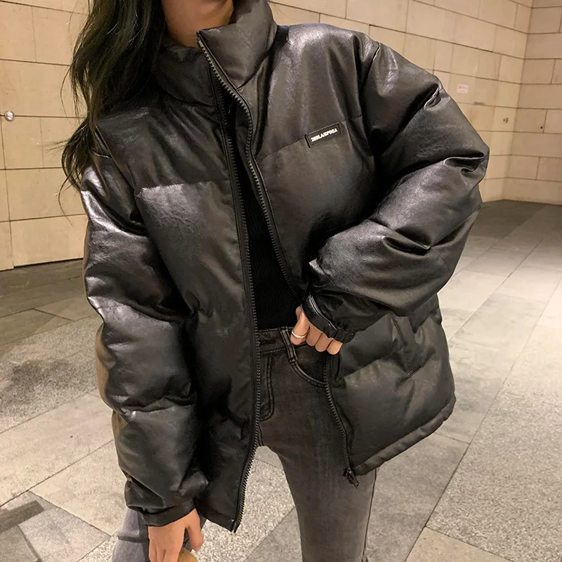 New Black Faux Leather Jacket Parkas Winter Coat for Women Coats Bread Padded Jacket Warm Oversize PU Leather Coats Fashion