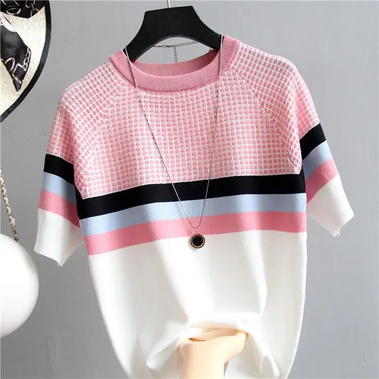 

Summer new women's short sleeve T-shirt Korean version of contrast ice silk sweater fashion slim collage pullover top