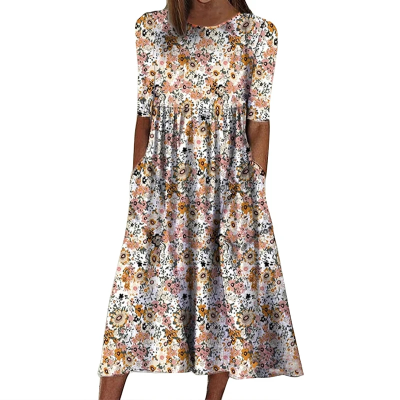 

Повседневное свободное платье с цветочным принтом для женщин, модное женское платье с круглым вырезом, новинка 2023, модное женское платье с коротким рукавом, 25438