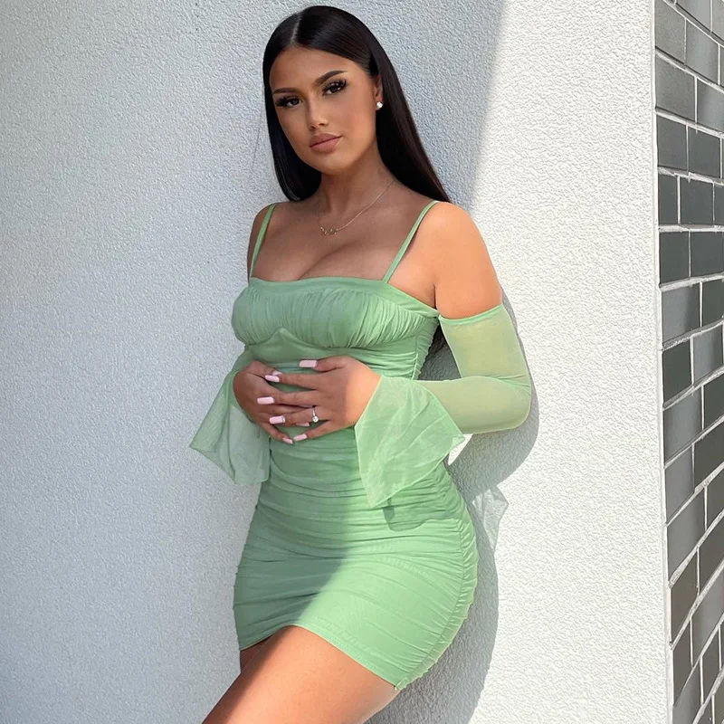 

Женское платье, летнее сексуальное однотонное Плиссированное мини-платье с высокой талией, женское платье с длинным рукавом, разрезом, откр...