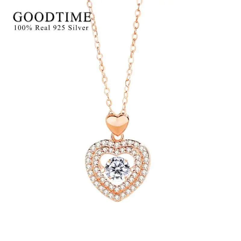 

Fashion Woman Necklace Pure 100% 925 Sterling Silver Love Heart Rotatable Blue Zircon Chain Necklace Valentine Jewelry Gift
