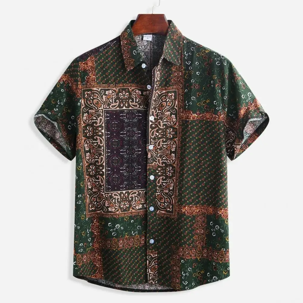 

Summer Shirt Quick Drying Summer Ethnic Style Square Print Vacation Shirt Single Breasted Breathable Shirt Top Streetwear