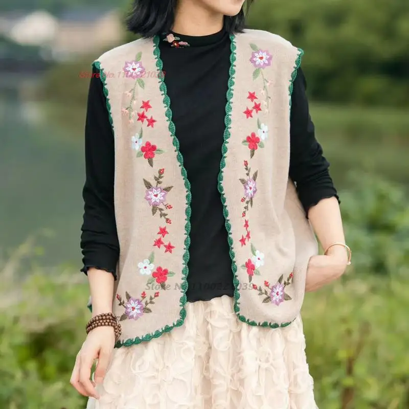 

Женский этнический короткий жилет, винтажный ажурный вязаный крючком жилет без рукавов, костюм Тан, топы ханьфу, жилет с вышивкой в виде национальном цветка, 2023