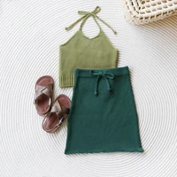 girls knit sets shorts summer 2022 childre knitted vest and skirt clothing two piece outfits kids fashion clothes toddler suit