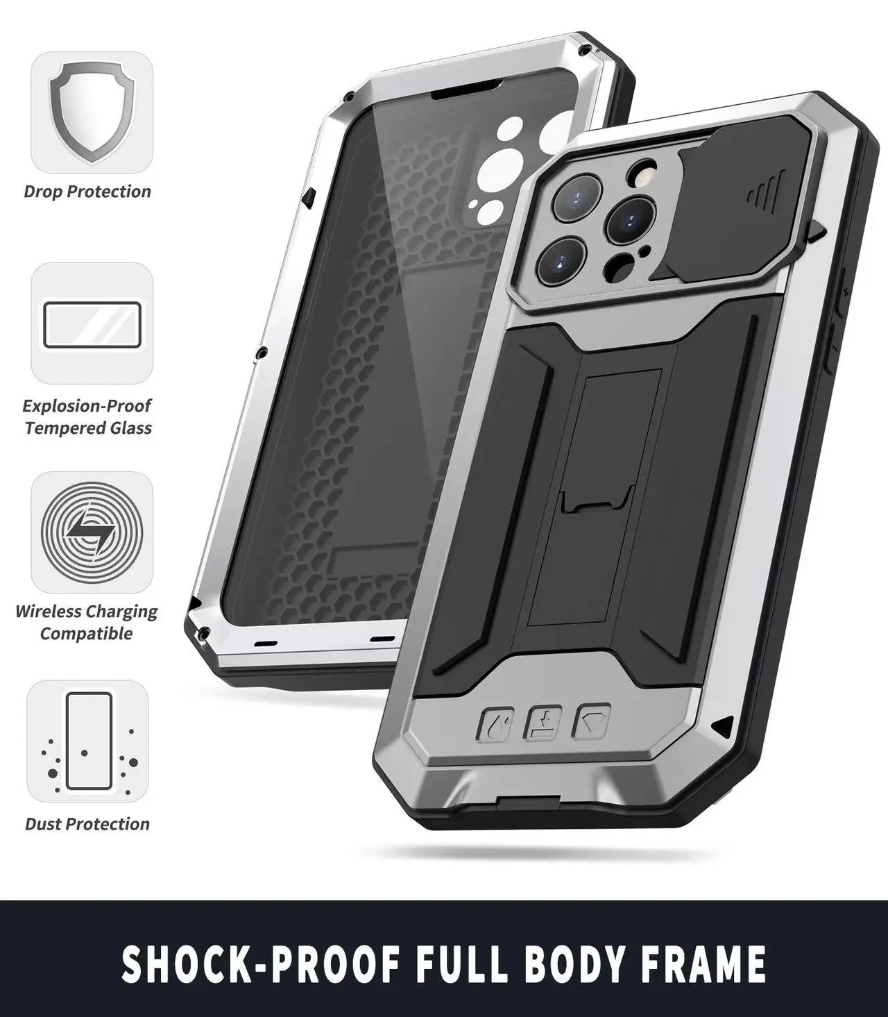 Фото Противоударный металлический чехол для iPhone 14 15 16 17 Pro Max Plus с выдвижной защитой камеры и встроенной защитой экрана, гибридный чехол на весь корпус №3