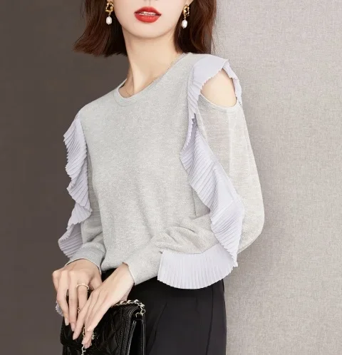 Элегантный стильный вязаный топ с рюшами и краями уменьшающий возраст для осени