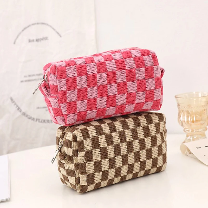 

Ins Checkerboard Knitted Pencil Case Big Capacity Pen Bag Zipper Stationary Organzier Makeup Storage Desktop Storage Bag