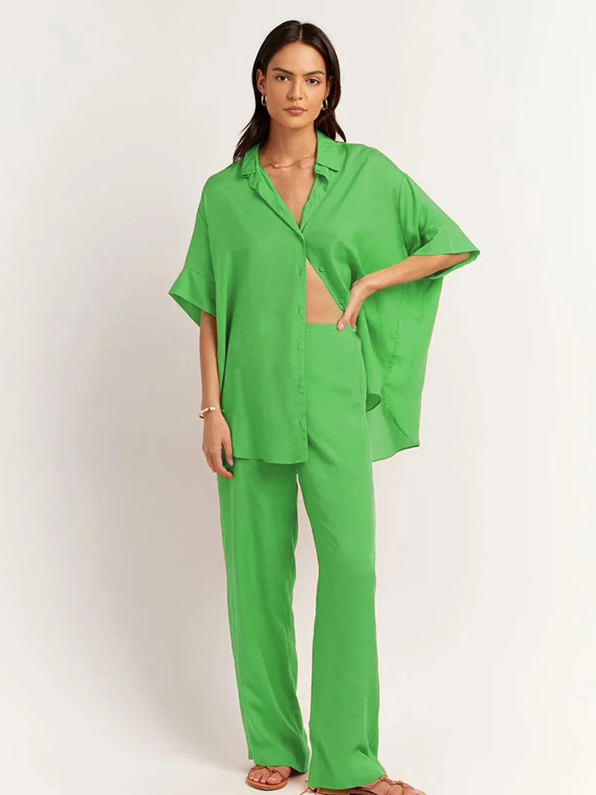 

2022 Summer Lapel Neck Loose Casual Button Two Pieces Sets Women Cotton Linen Half Sleeve Shirt and Pants Women Set Outfits