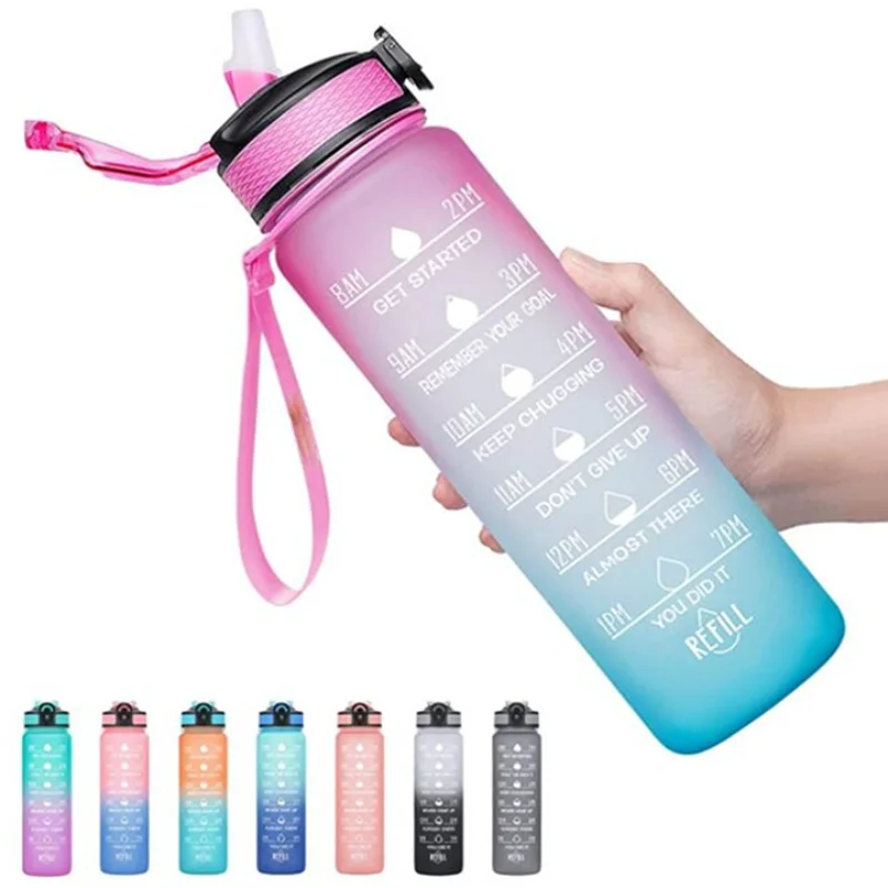 

1000ml 32oz Leakproof Drinking Bottle Motivational Sport Water Flask with Time Marker Straw Rope for Fitness Outdoor Drinkware