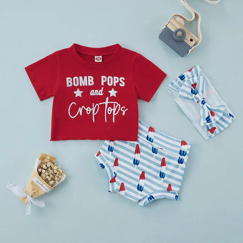 

Комплект одежды для младенцев на День Независимости, футболка с коротким рукавом, круглым вырезом, принтом букв и звезд, шорты для мороженог...