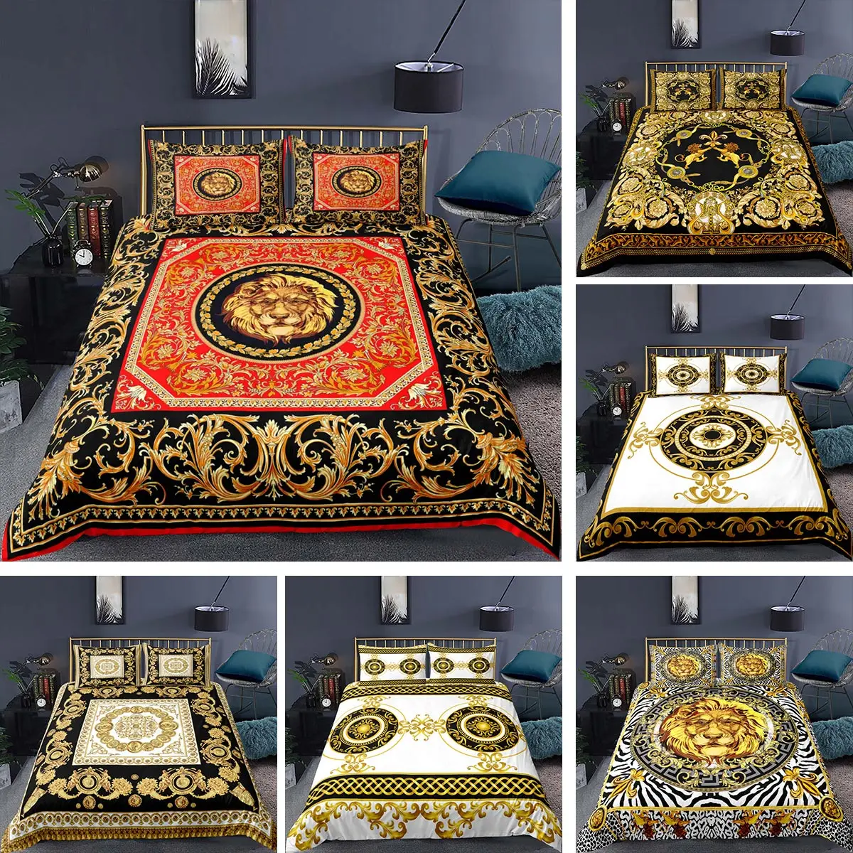 

Luxury 3D Golden Lion Print Duvet Cover Set Baroque 2/3 Pcs Pillowcase Kids Bedding Set AU/EU/UK/US Queen and King Size