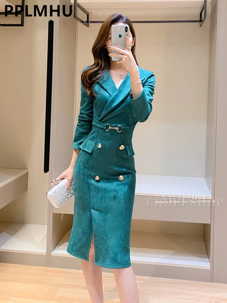 

Женское Замшевое платье-блейзер с разрезом, элегантное облегающее платье из мягкой замши в Корейском стиле, весна-осень