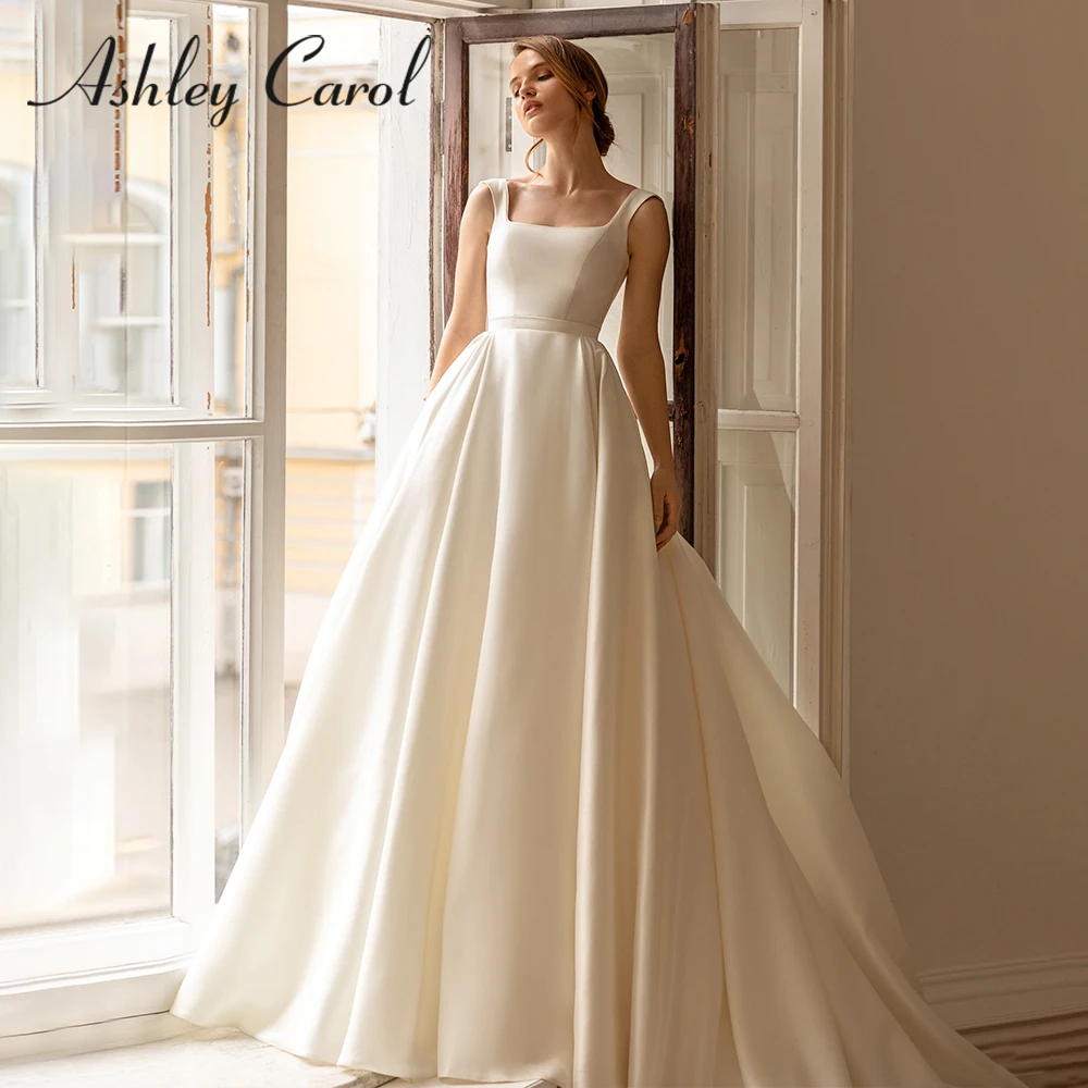 

Эшли Карол атласное свадебное платье 2022 Элегантный квадратный вырез невесты с длинным рукавом Куртка А-силуэта свадебное платье Vestidos De Novia