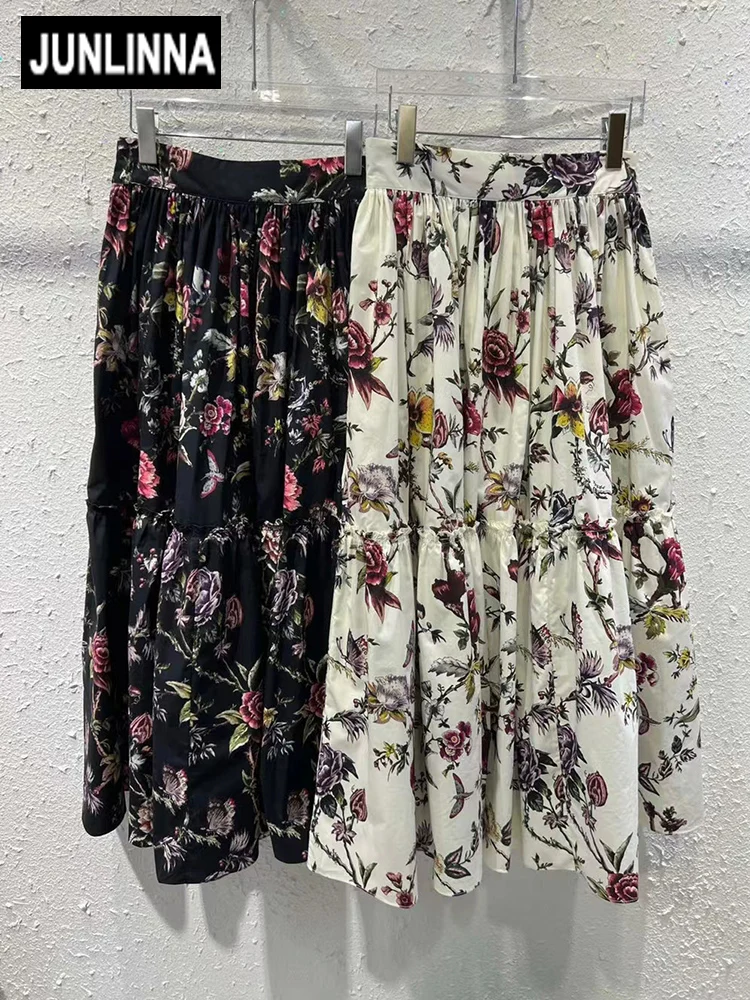 JUNLINNA 100% Cotton Plant Flower Printing Skirt Spring Summer Women Expansion High Street Vacation Half Wear