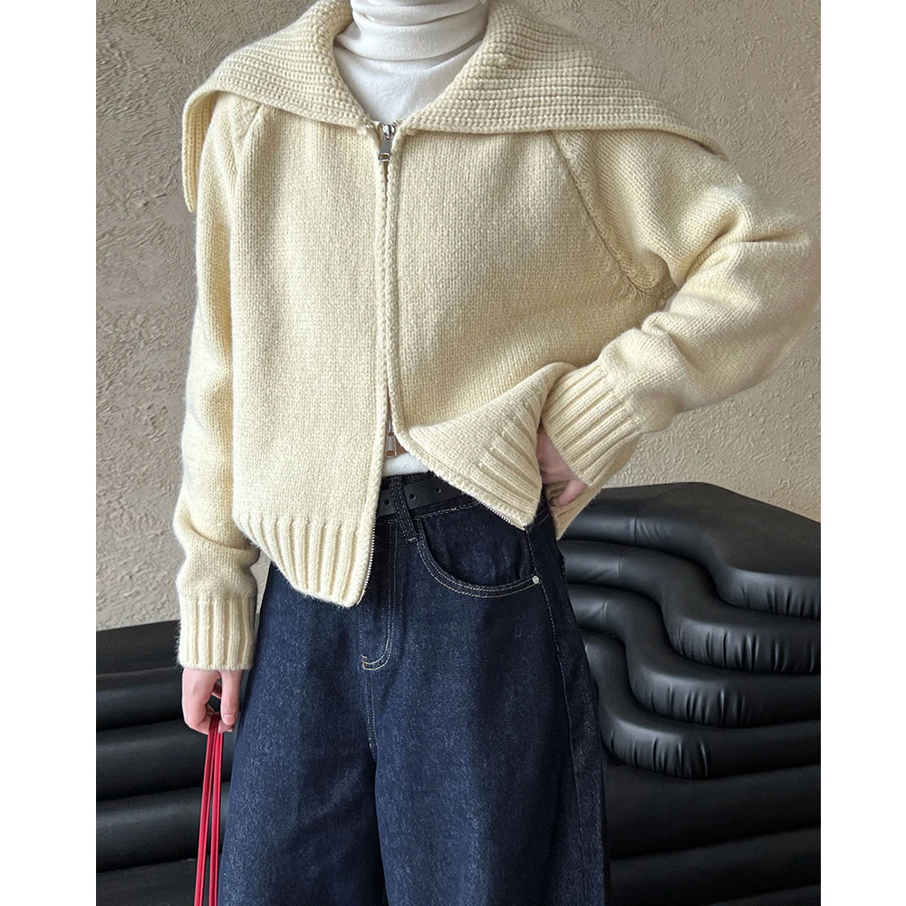 2024 новый женский свитер с матросским воротником длинный рукав молния дизайн