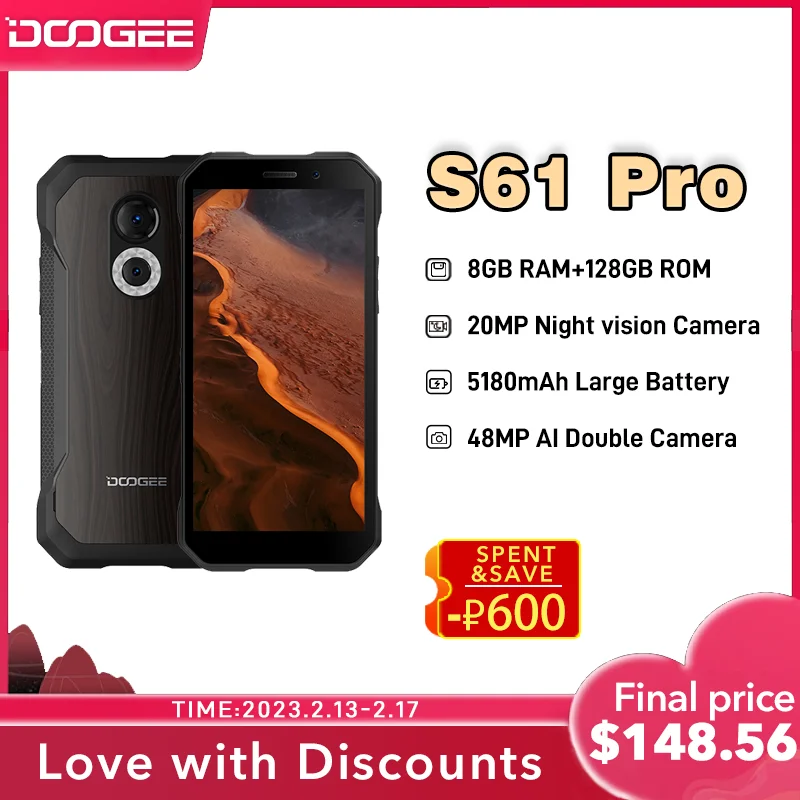DOOGEE S61 Pro Software IP68 / IP69K 6.0 &quotAndroid 12 многоканальных панелей дизайн 20 MP ночное видение