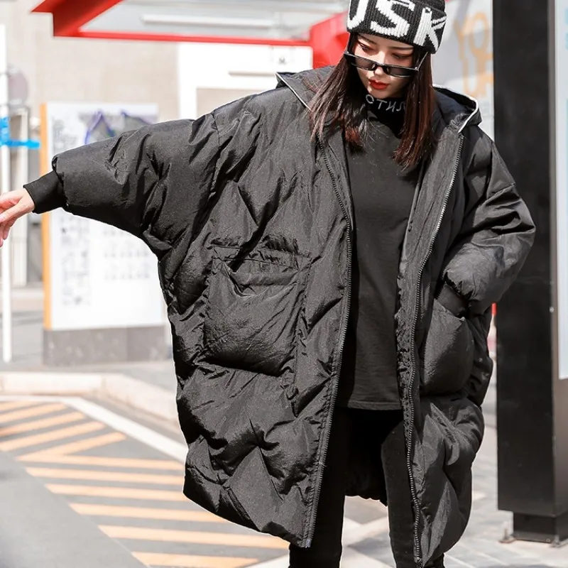 

New Little Devil Women's Winter Jacket Mid-length Down Cotton Coat Loose Batwing Sleeves Overcoat Hooded Parkas Oversize Jackets