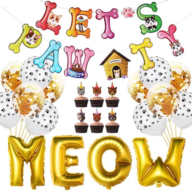 

JOYMEMO MEOW Pet Cat Theme Party Decorations Let's Party Banner Meow Foil Balloons Cat Cake Topper Birthday Party Decor Supplies