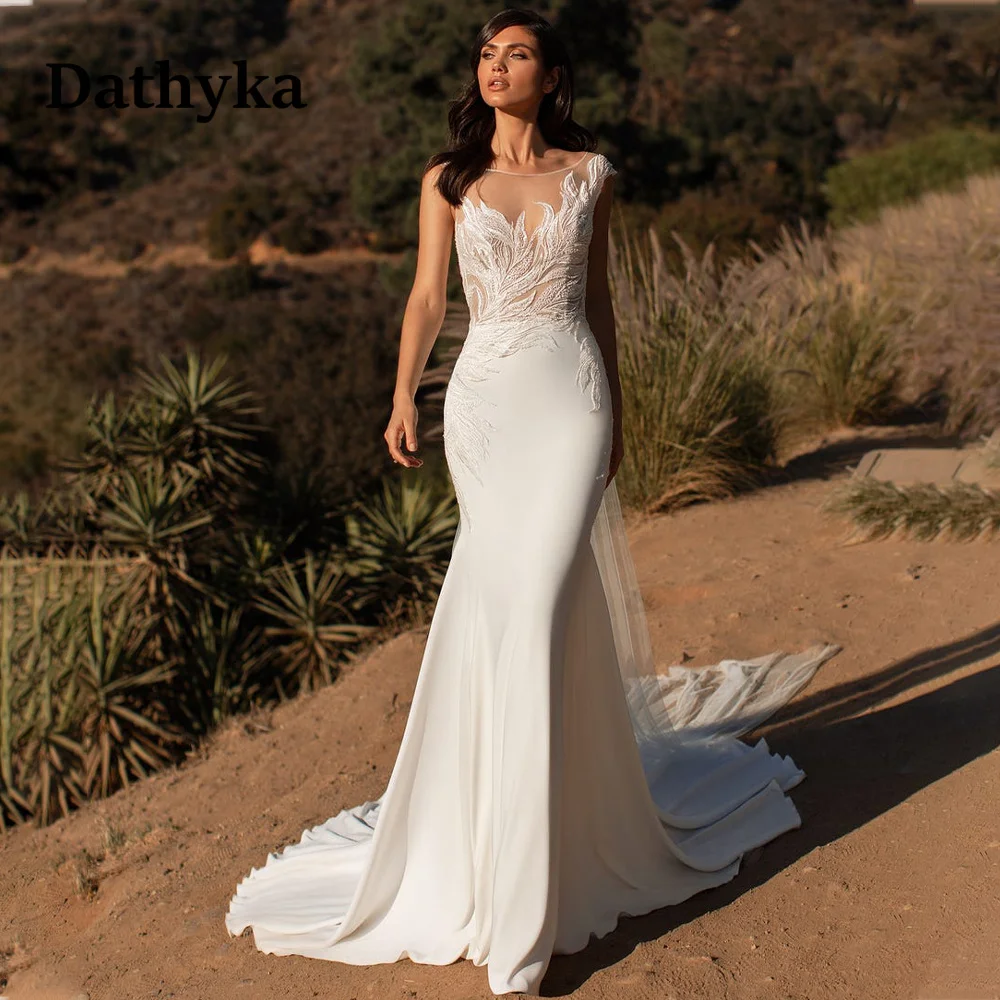 

Dathyka Illusion Appliques Wedding Dresses 2023 Bride Button Chiffon Trumpet Off The Shoulder Court Train O-Neck Personalised