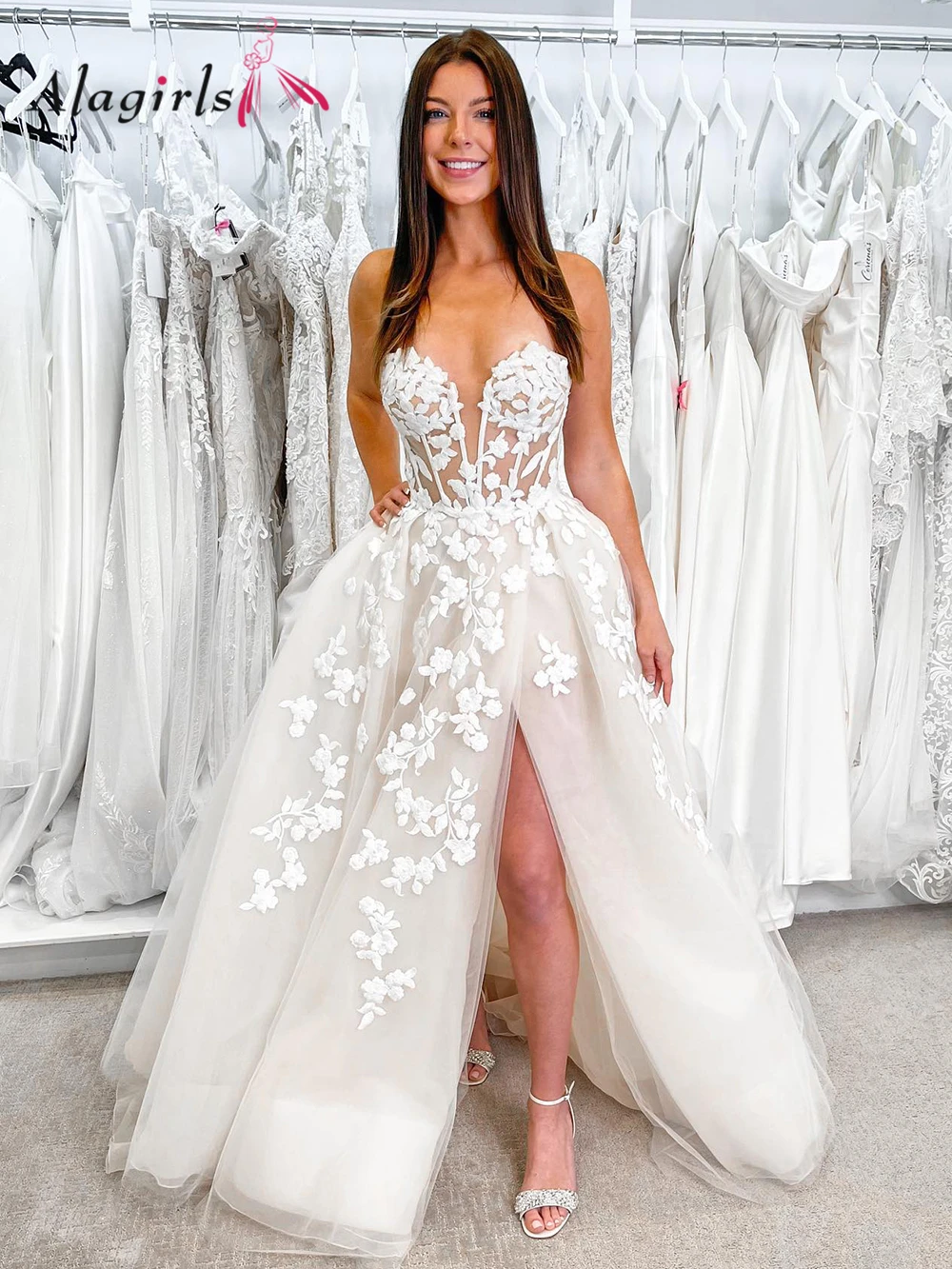 

2023 сексуальное свадебное платье с разрезом и V-образным вырезом, иллюзионное кружевное без рукавов, с аппликацией сердечком, пляжное платье невесты, платье для невесты, Vestido De Noiva