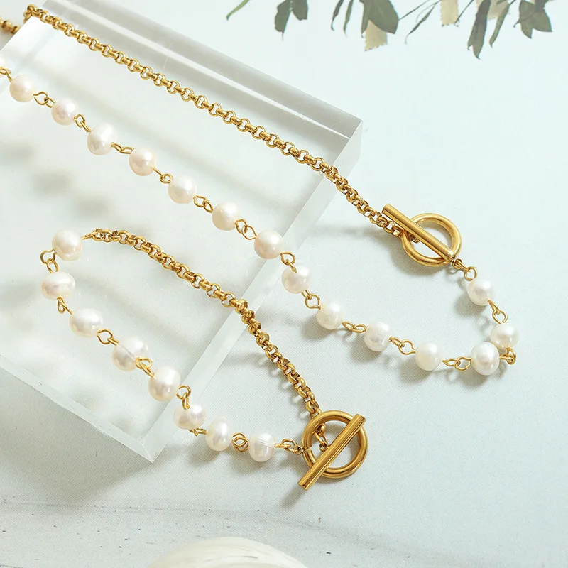 

Amaiyllis 18K Gold Light Luxury Fashion Freshwater Pearl OT Buckle Bracelet Necklace Jewelry Set