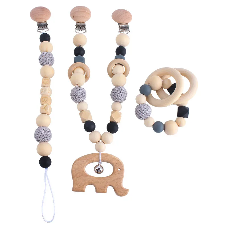 

Wooden Teether Baby Play Gym Pacifier Clip Chain Silicone Beads Personalize Dummy Clip Baby Teether Stroller Toys Pram Clip Bell