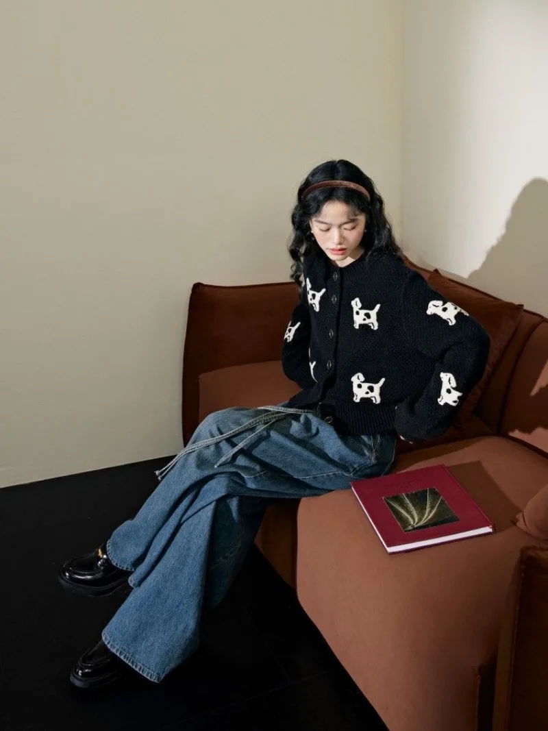 Y2k свободный кардиган черная собака вязаные пальто короткие милые свитера на