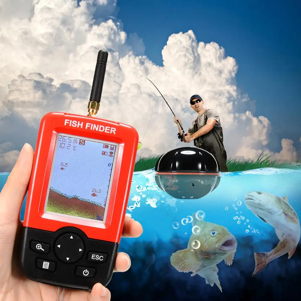 Enlarge Smart Portable Fish Finder with 100m Wireless & Rechargeable Sonar Sensor Fishfinder Dot Matrix 45m Range Colorized LCD Display