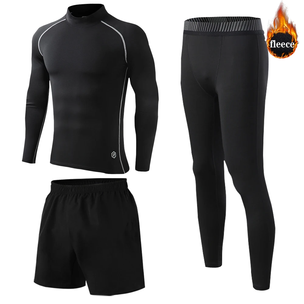 Men's Fleece Thermal Underwear Leggings Children's Winter Jogging Quick Dry Training Clothes Compression Tights Sports Suit