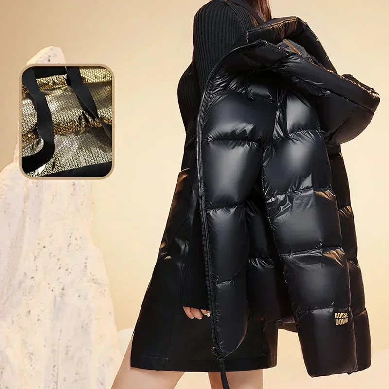 Белый гусиный пуховик черное золото дизайн модный универсальный зимний новинка