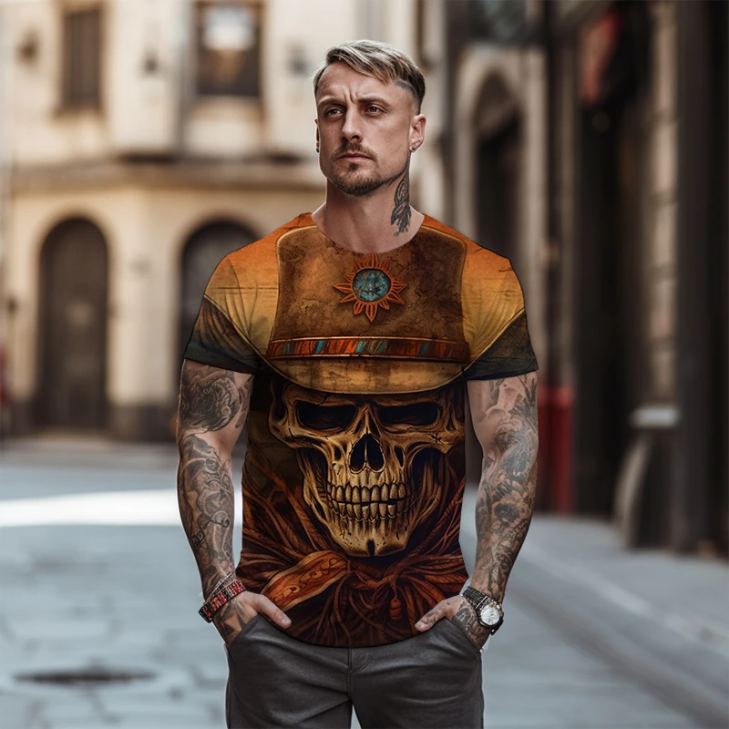

Summer Fashion Men's Casual Wild Top New 3D Skull Print Pattern T -shirt Outdoor Men's Oversized Round Neck T -shirt