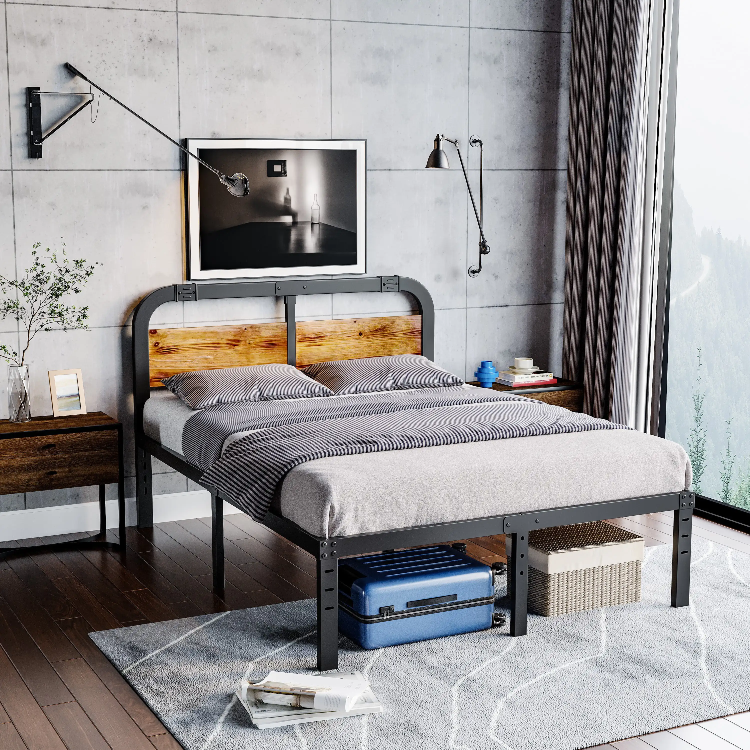 With Solid Wood Headboard, Heavy Duty Steel Slats Mattress Foundation, No Box Spring Required