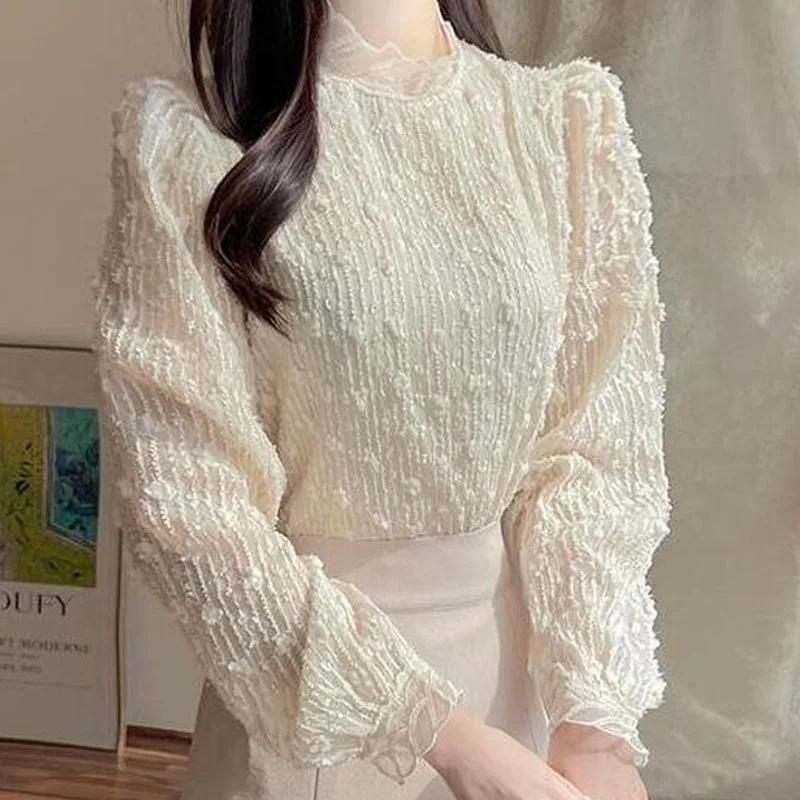 Blusas Mujer De Moda 2022 Korean Fashion Women Clothing Lace Gauze Stand Collar Elegantes Shirts Female Puff Sleeve Pullover