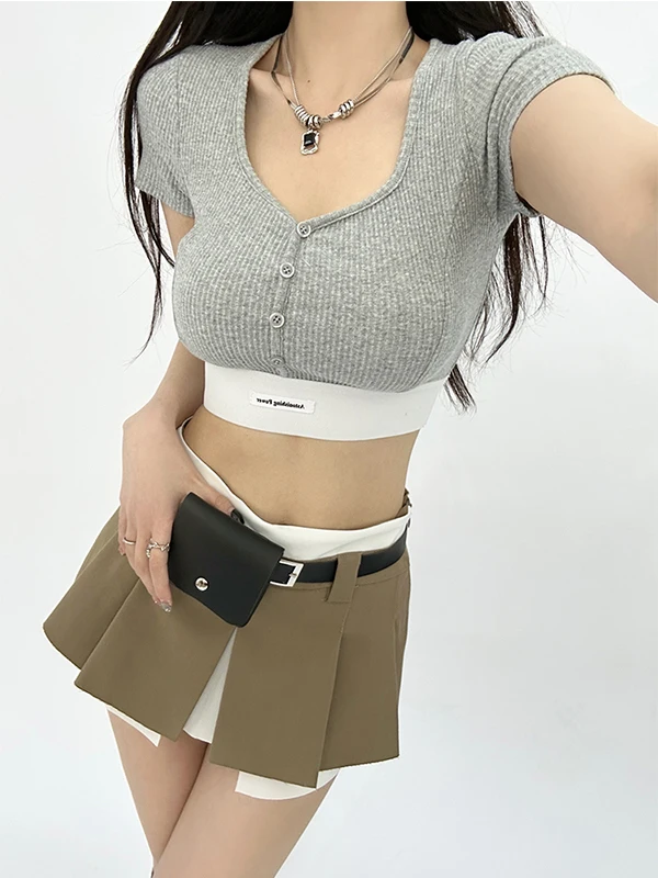 

WOMENGAGA High Waist Exposed Umbilical Short Ribbon Short Sleeve T-shirt Women's Sexy V Neck Short Sleeved Pullover Top RV4C