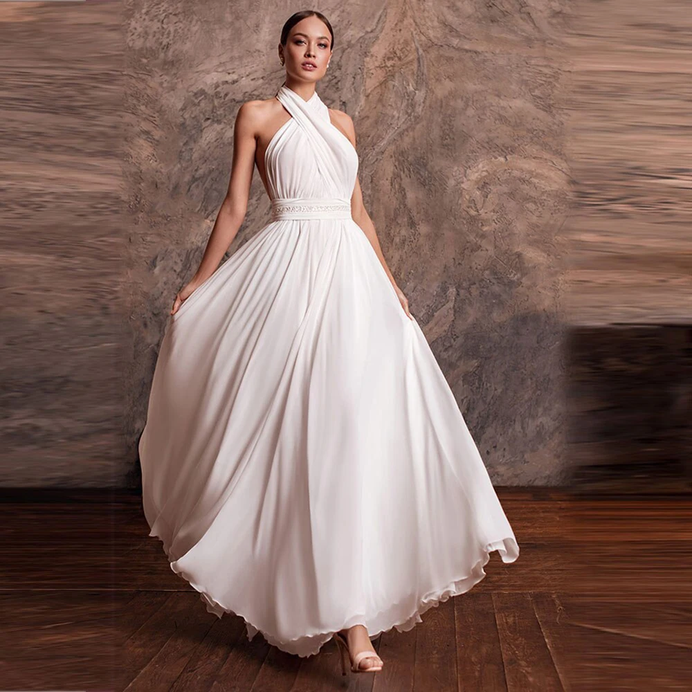 

Fasional One Shoulder Wedding Dresses With Beading Belt A Line Chiffon Backless Sleeveless Sweep Train Bridal Gowns For Bride