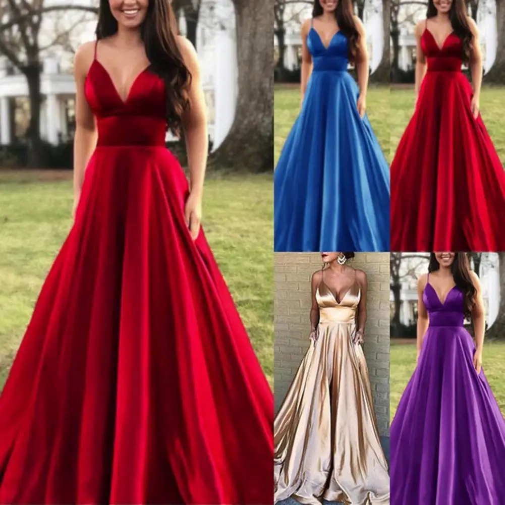 

Sling Dress High Waist V Neck All-match Adjustable Strap Party Dress for Banquet