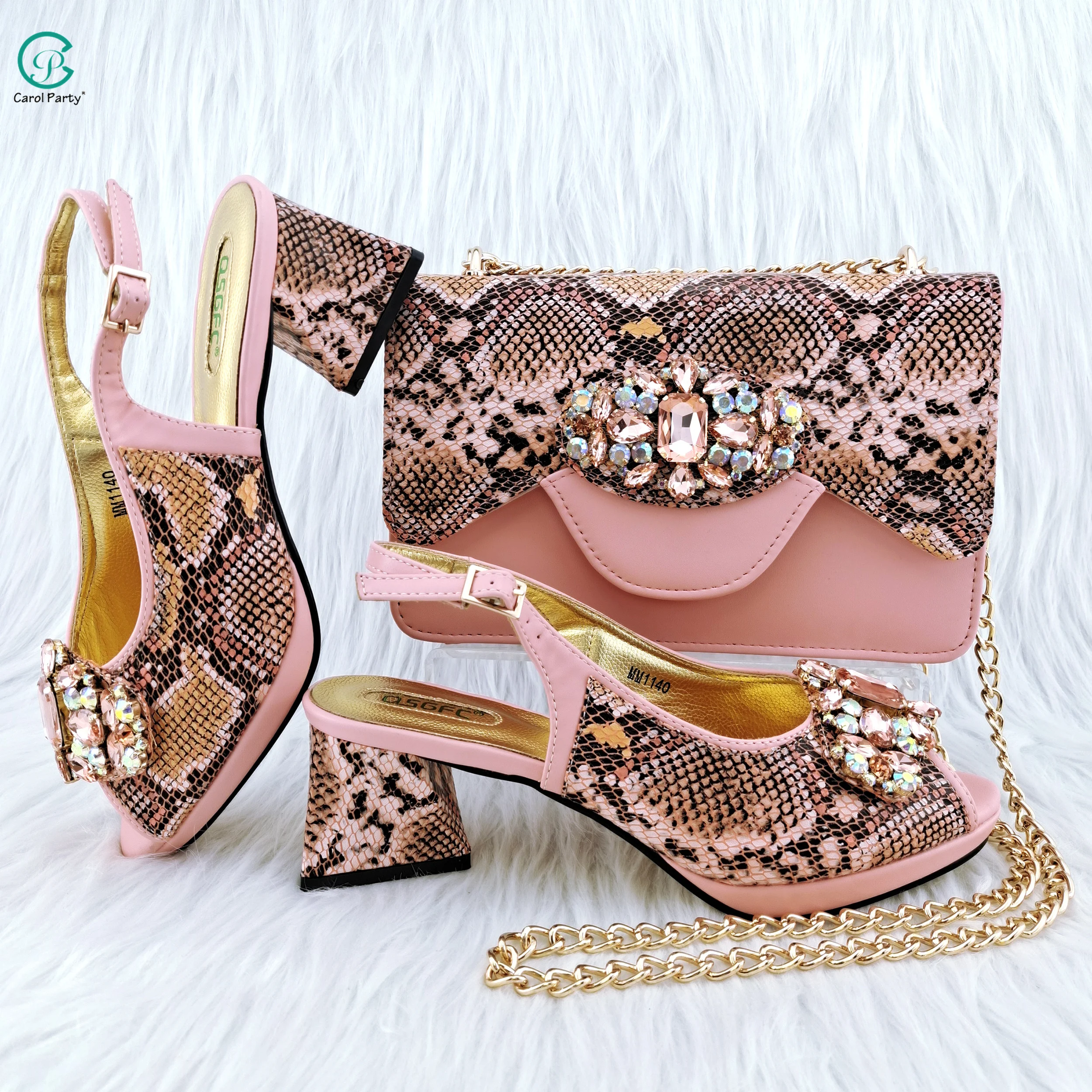 

QSGFC 2023 Classic Sophisticated Two-color Stitching Bag and Shoes Large Pink Crystal Embellished Women's Shoe and Bag Set