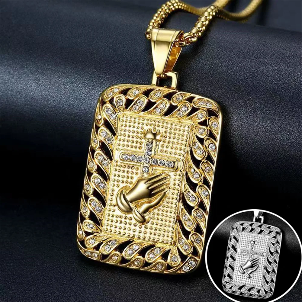 

Religious Square Praying Hands Cross Pendant Necklace for Women/Men Gold Color Stainless Steel Christian Necklaces Male Jewelry