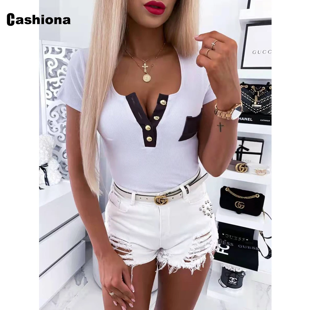 

Cashiona Women Fashion Spliced Tops Short Sleeve T-shirt Casual Pullovers 2022 New Sexy V-neck Shirts Clothing Plus Size S-5XL