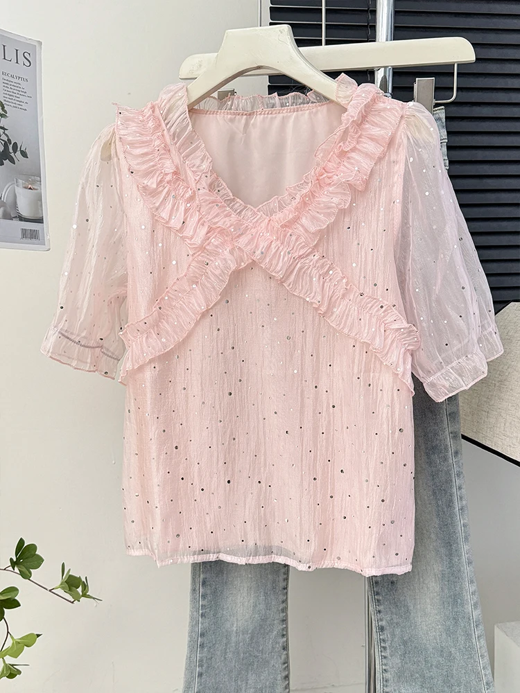 ight женская милая блестящая лоскутная кружевная рубашка с v-образным вырезом и