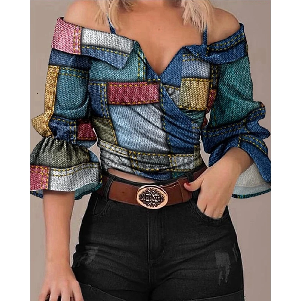 

Korean Style Women Denim Look Print V-neck Summer Casual Shirts Spaghetti Strap Crop Top Flare Sleeve Blouse Spring Clothes