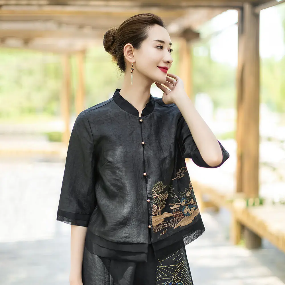 

2023 vintage Chinese style blouse women's chinese style button up women's shirt qipao style Embroidery hanfu blouse a783