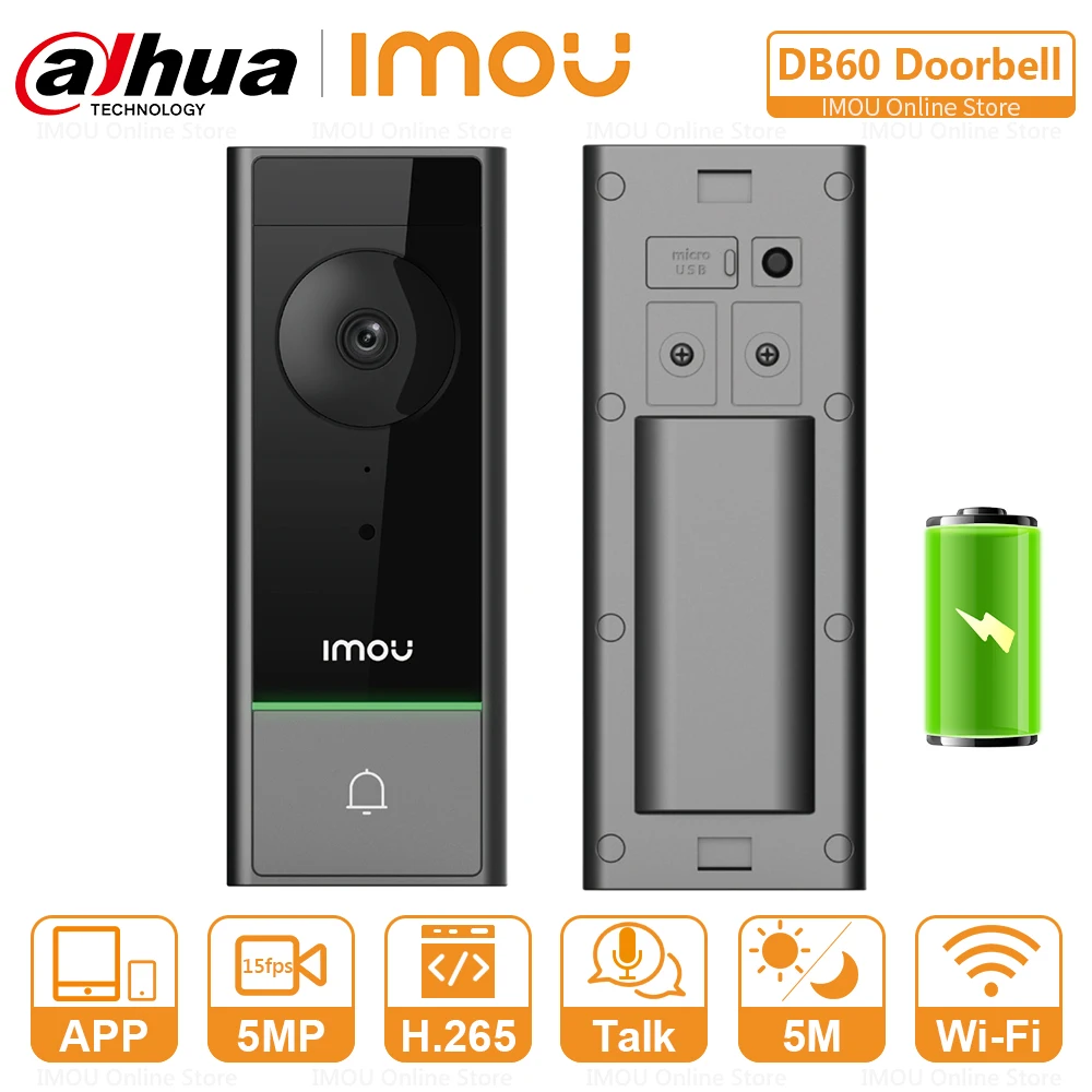 Цена IMOU беспроводной Wifi 5MP видео перезаряжаемый аккумулятор дверной звонок с Chime Интерком PIR Обнаружение ночного видения IP65 Водонепроницаемый DB60