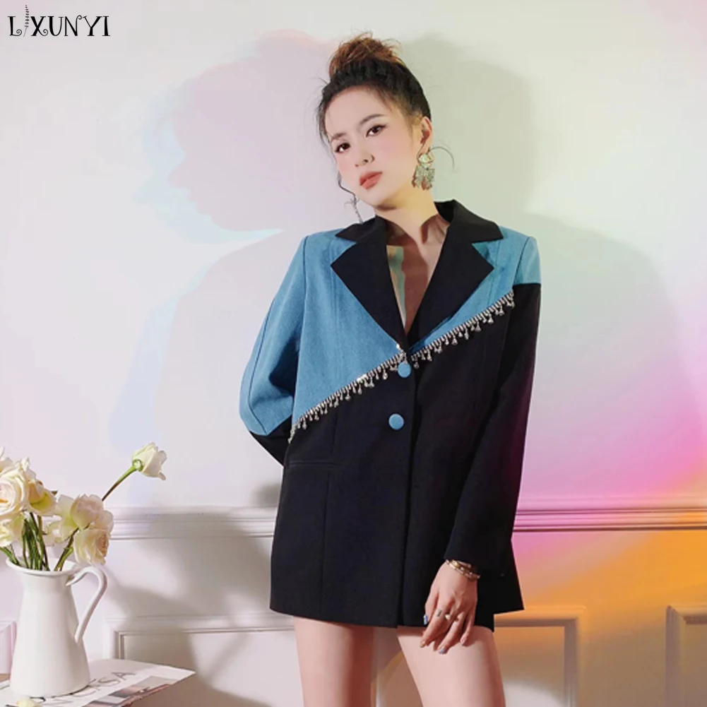 LXUNYI Runway Blazer Jacket Women 2023 Spring Diamond Patchwork Tassls Bling Denim Blazers and Coats Female High Sreetwear