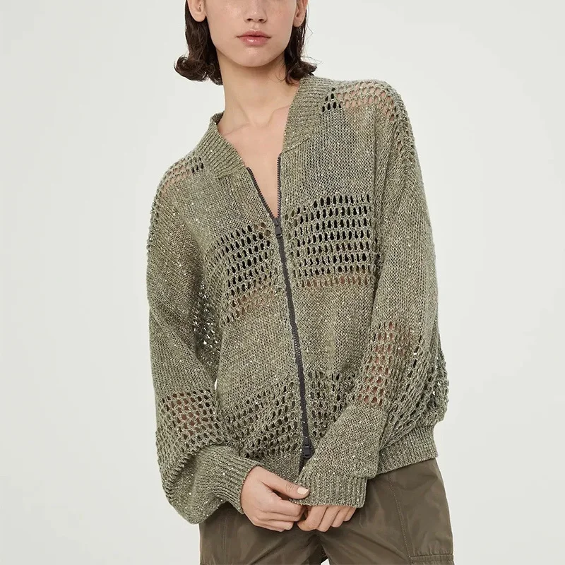 

23 Early Autumn Fashion Linen Hollow Out Cardigan Elegent Women O-neck Zipper Long Sleeve Coat Casual Stylish Chic Sequin Jacket
