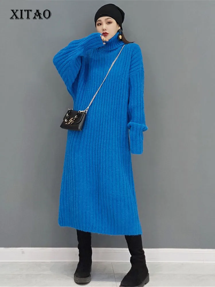 XITAO Turtleneck Knitting Dresses Fashion Casual Solid Color Simplicity Pullover Loose Long Temperament New Arrival GWJ1988